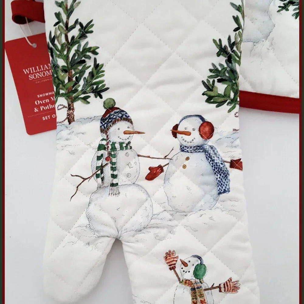 NEW RARE Williams Sonoma Snowman Oven Mitt & Potholder Set